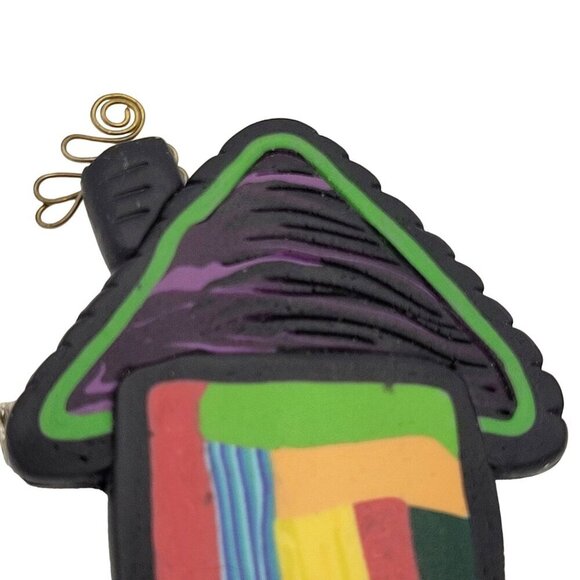 Vintage Handmade Polymer Clay on Wood House Brooch Pin Patchwork Design 2.25' - Picture 2 of 4